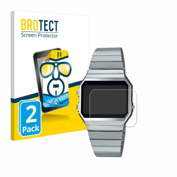 Face avant d’un emballage produit avec le logo de la marque BROTECT. À côté, l’appareil Casio A700WE est représenté avec la pr