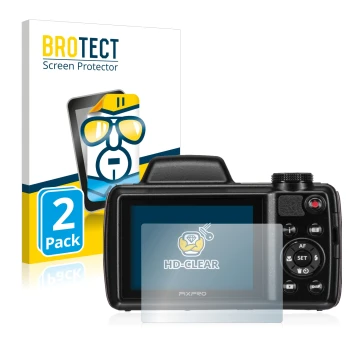 Face avant d’un emballage produit avec le logo de la marque BROTECT. À côté, l’appareil Kodak Pixpro AZ525 est représenté avec