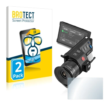Face avant d’un emballage produit avec le logo de la marque BROTECT. À côté, l’appareil Arri MVF-2 est représenté avec la prot