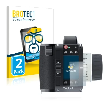 Face avant d’un emballage produit avec le logo de la marque BROTECT. À côté, l’appareil Arri WCU-4 est représenté avec la prot