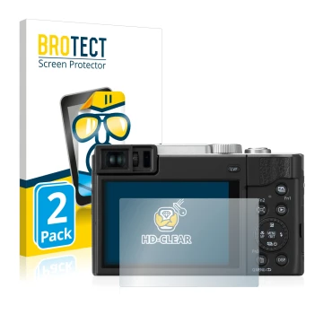 Face avant d’un emballage produit avec le logo de la marque BROTECT. À côté, l’appareil Panasonic Lumix DC-TZ95 est représenté