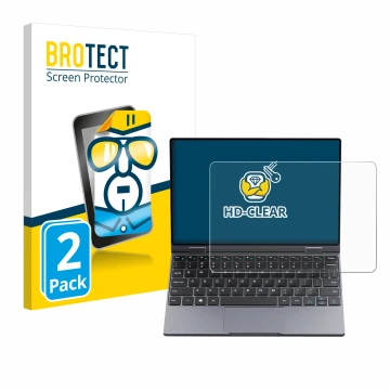 Face avant d’un emballage produit avec le logo de la marque BROTECT. À côté, l’appareil Chuwi MiniBook X est représenté avec l