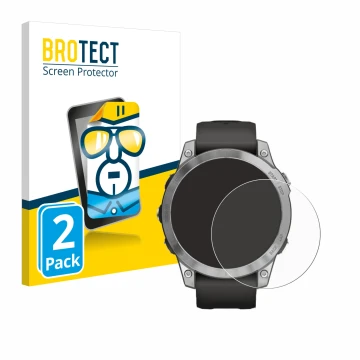 Face avant d’un emballage produit avec le logo de la marque BROTECT. À côté, l’appareil Garmin Fenix 7 (47 mm) est représenté 