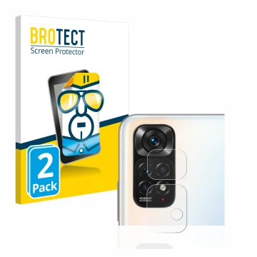 Face avant d’un emballage produit avec le logo de la marque BROTECT. À côté, l’appareil Xiaomi Redmi Note 11S (Caméra UNIQUEME