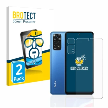 Face avant d’un emballage produit avec le logo de la marque BROTECT. À côté, l’appareil Xiaomi Redmi Note 11 (Avant+Caméra) es