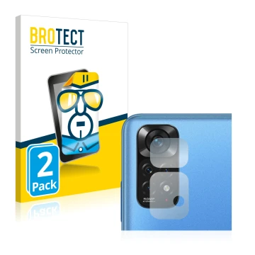 Face avant d’un emballage produit avec le logo de la marque BROTECT. À côté, l’appareil Xiaomi Redmi Note 11 (Caméra UNIQUEMEN