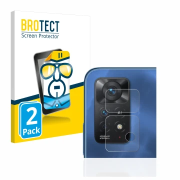 Face avant d’un emballage produit avec le logo de la marque BROTECT. À côté, l’appareil Xiaomi Redmi Note 11 Pro 5G (Caméra UN