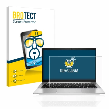 Face avant d’un emballage produit avec le logo de la marque BROTECT. À côté, l’appareil HP EliteBook 830 G8 est représenté ave