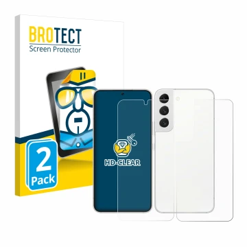 Face avant d’un emballage produit avec le logo de la marque BROTECT. À côté, l’appareil Samsung Galaxy S22 5G (Avant+Arrière) 