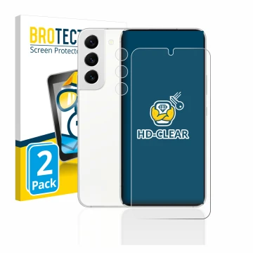 Face avant d’un emballage produit avec le logo de la marque BROTECT. À côté, l’appareil Samsung Galaxy S22 5G (Avant+Caméra) e