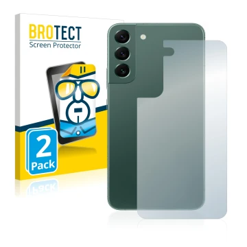 Face avant d’un emballage produit avec le logo de la marque BROTECT. À côté, l’appareil Samsung Galaxy S22 Plus 5G (Arrière) e