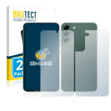 Face avant d’un emballage produit avec le logo de la marque BROTECT. À côté, l’appareil Samsung Galaxy S22 Plus 5G (Avant+Arri