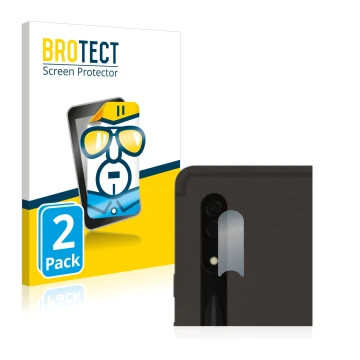 Face avant d’un emballage produit avec le logo de la marque BROTECT. À côté, l’appareil Samsung Galaxy Tab S8 Ultra 5G (Caméra