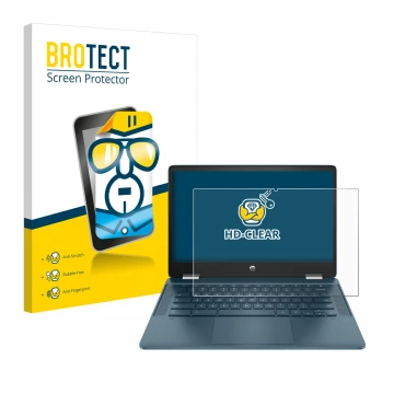 Face avant d’un emballage produit avec le logo de la marque BROTECT. À côté, l’appareil HP Chromebook x360 (14b-cbX) est repré