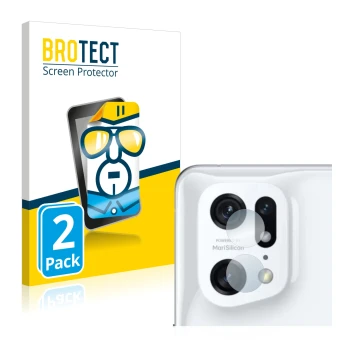 Face avant d’un emballage produit avec le logo de la marque BROTECT. À côté, l’appareil Oppo Find X5 Pro (Caméra UNIQUEMENT) e