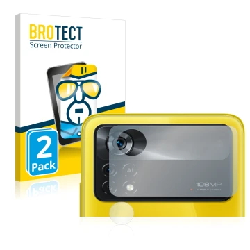 Face avant d’un emballage produit avec le logo de la marque BROTECT. À côté, l’appareil Xiaomi Poco X4 Pro 5G (Caméra UNIQUEME