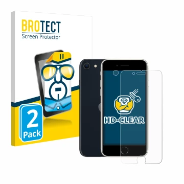 Face avant d’un emballage produit avec le logo de la marque BROTECT. À côté, l’appareil Apple iPhone SE 3 2022 (Avant+Caméra) 