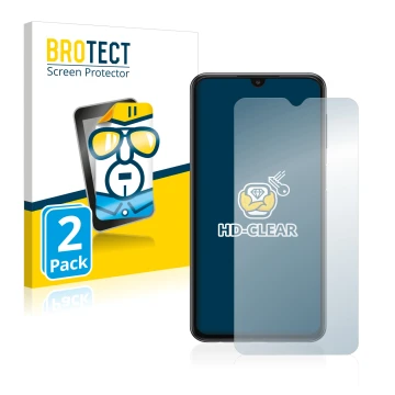 Face avant d’un emballage produit avec le logo de la marque BROTECT. À côté, l’appareil Samsung Galaxy A23 est représenté avec