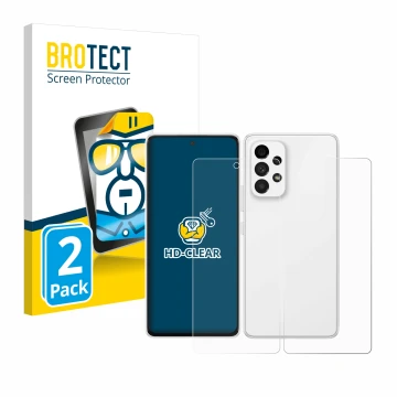 Face avant d’un emballage produit avec le logo de la marque BROTECT. À côté, l’appareil Samsung Galaxy A53 5G (Avant+Arrière) 