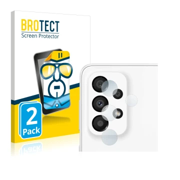 Face avant d’un emballage produit avec le logo de la marque BROTECT. À côté, l’appareil Samsung Galaxy A33 5G (Caméra UNIQUEME