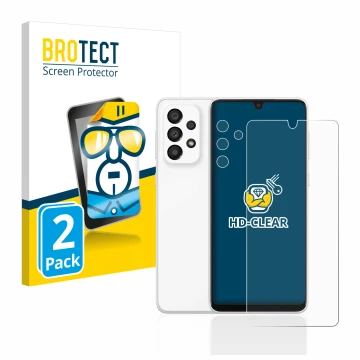 Face avant d’un emballage produit avec le logo de la marque BROTECT. À côté, l’appareil Samsung Galaxy A33 5G (Avant+Caméra) e
