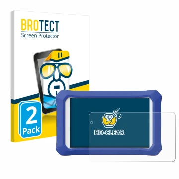 Face avant d’un emballage produit avec le logo de la marque BROTECT. À côté, l’appareil Clementoni Clempad X Revolution est re