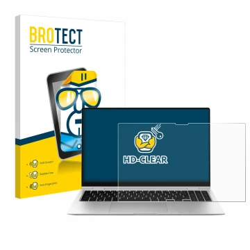 Face avant d’un emballage produit avec le logo de la marque BROTECT. À côté, l’appareil Samsung Galaxy Book2 Pro 360 15.6
