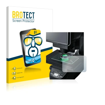 Face avant d’un emballage produit avec le logo de la marque BROTECT. À côté, l’appareil Keyence IM-7030 Dessus en verre est re