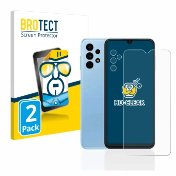 Face avant d’un emballage produit avec le logo de la marque BROTECT. À côté, l’appareil Samsung Galaxy A13 (Avant+Caméra) est 