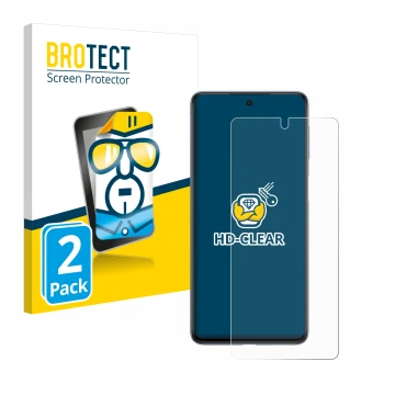 Face avant d’un emballage produit avec le logo de la marque BROTECT. À côté, l’appareil Samsung Galaxy M53 5G est représenté a