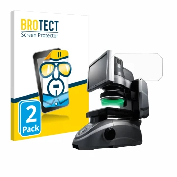 Face avant d’un emballage produit avec le logo de la marque BROTECT. À côté, l’appareil Keyence IM-6125 Dessus en verre est re