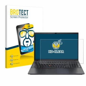 Face avant d’un emballage produit avec le logo de la marque BROTECT. À côté, l’appareil Lenovo ThinkPad E15 Gen 2 est représen