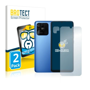 Face avant d’un emballage produit avec le logo de la marque BROTECT. À côté, l’appareil Xiaomi Redmi 10C (Avant+Caméra) est re