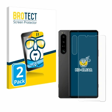 Face avant d’un emballage produit avec le logo de la marque BROTECT. À côté, l’appareil Sony Xperia 1 IV (Avant+Caméra) est re