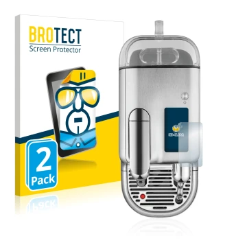 Face avant d’un emballage produit avec le logo de la marque BROTECT. À côté, l’appareil Sage Nespresso Creatista Pro est repré