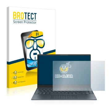 Face avant d’un emballage produit avec le logo de la marque BROTECT. À côté, l’appareil ASUS ZenBook 13 OLED est représenté av