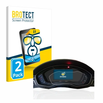 Face avant d’un emballage produit avec le logo de la marque BROTECT. À côté, l’appareil Audi A4 B9 2017 Virtual Cockpit est re