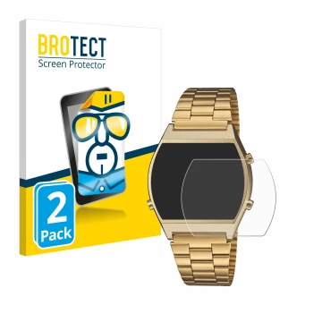 Face avant d’un emballage produit avec le logo de la marque BROTECT. À côté, l’appareil Casio Retro B640WB est représenté avec