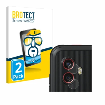 Face avant d’un emballage produit avec le logo de la marque BROTECT. À côté, l’appareil Samsung Galaxy Xcover 6 Pro (Caméra UN