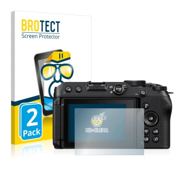 Face avant d’un emballage produit avec le logo de la marque BROTECT. À côté, l’appareil Nikon Z 30 est représenté avec la prot