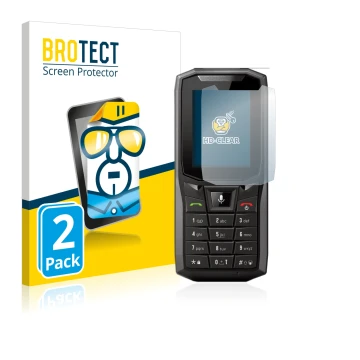 Face avant d’un emballage produit avec le logo de la marque BROTECT. À côté, l’appareil Crosscall Core-S4 est représenté avec 