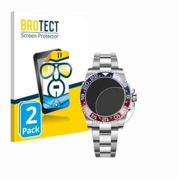 Face avant d’un emballage produit avec le logo de la marque BROTECT. À côté, l’appareil Rolex GMT-Master II est représenté ave