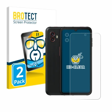 Face avant d’un emballage produit avec le logo de la marque BROTECT. À côté, l’appareil Samsung Galaxy Xcover 6 Pro (Avant+Cam
