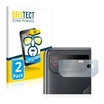 Face avant d’un emballage produit avec le logo de la marque BROTECT. À côté, l’appareil ASUS ROG Phone 6 (Caméra UNIQUEMENT) e