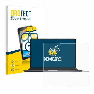 Face avant d’un emballage produit avec le logo de la marque BROTECT. À côté, l’appareil ASUS ZenBook Pro 14 Duo OLED UX8402 es