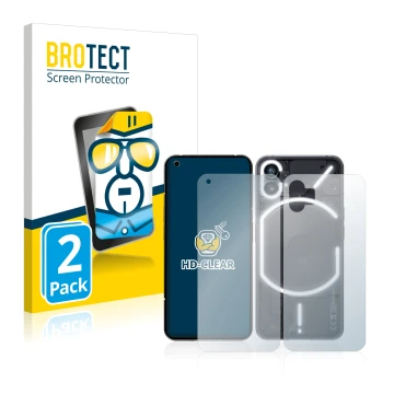 Face avant d’un emballage produit avec le logo de la marque BROTECT. À côté, l’appareil Nothing Phone (1) (Avant+Arrière) est 