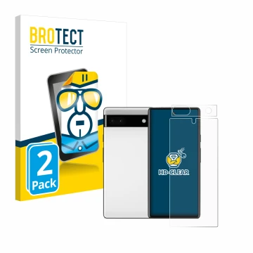 Face avant d’un emballage produit avec le logo de la marque BROTECT. À côté, l’appareil Google Pixel 6a (Avant+Caméra) est rep