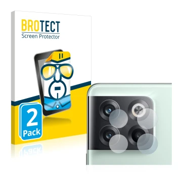 Face avant d’un emballage produit avec le logo de la marque BROTECT. À côté, l’appareil OnePlus 10T 5G (Caméra UNIQUEMENT) est