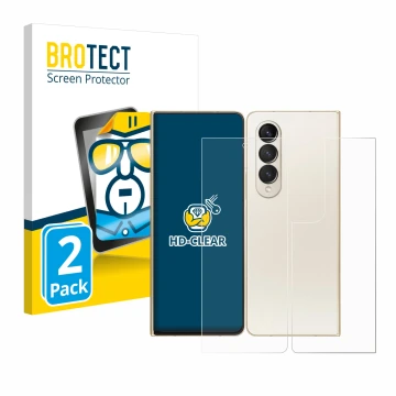 Face avant d’un emballage produit avec le logo de la marque BROTECT. À côté, l’appareil Samsung Galaxy Z Fold 4 (Avant+Arrière