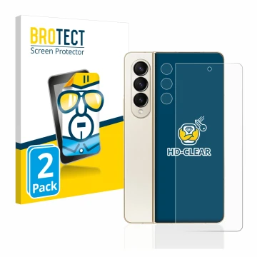 Face avant d’un emballage produit avec le logo de la marque BROTECT. À côté, l’appareil Samsung Galaxy Z Fold 4 (Avant+Caméra)